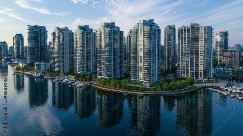 An aerial view of a waterfront city skyline with sleek high-rise buildings reflecting in the calm waters below, creating a picturesque scene.