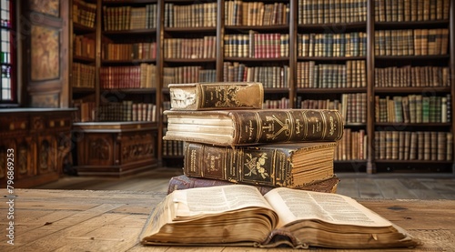 Antique books bound in leather with embossed spines with gold letters and open book on table against blurred background of old library. Educational, historical or literary research concept