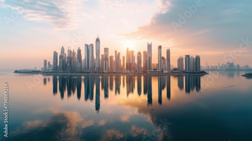 An aerial view of a waterfront city skyline with sleek high-rise buildings reflecting in the calm waters below  creating a picturesque scene.