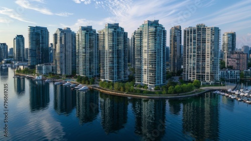 An aerial view of a waterfront city skyline with sleek high-rise buildings reflecting in the calm waters below, creating a picturesque scene. © Plaifah