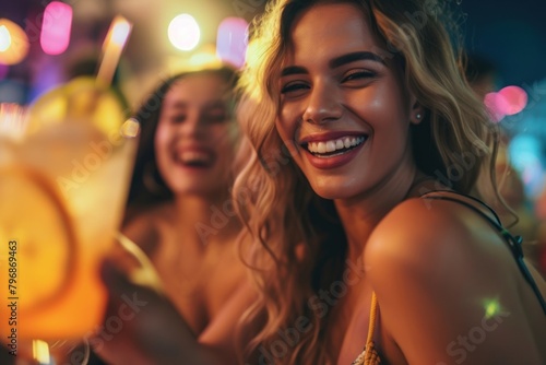 Carefree young woman with drink dancing by female friend enjoying at nightclub carefree laughing smile. photo
