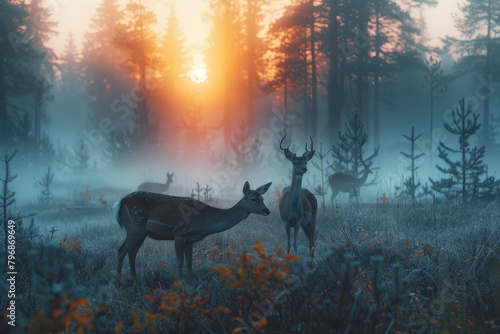 A family of deer grazing in a misty forest clearing at dawn, their breath visible in the cool air, photo