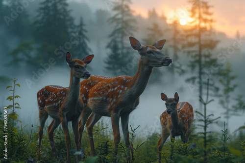 A family of deer grazing in a misty forest clearing at dawn, their breath visible in the cool air,
