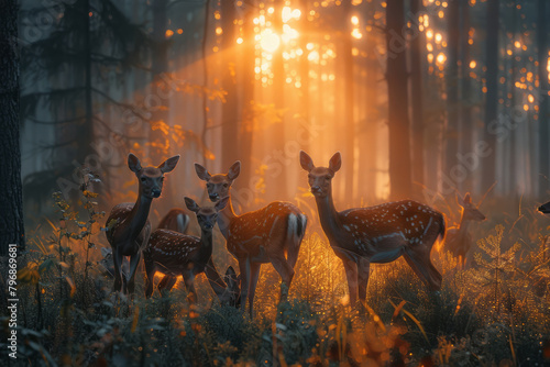 A family of deer grazing in a misty forest clearing at dawn, their breath visible in the cool air,