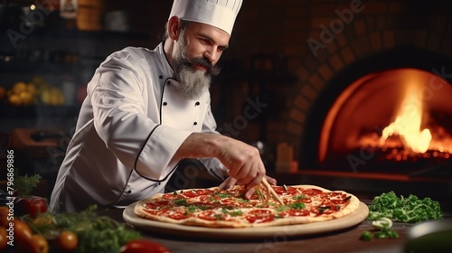 Male chef makes pizza in a restaurant.