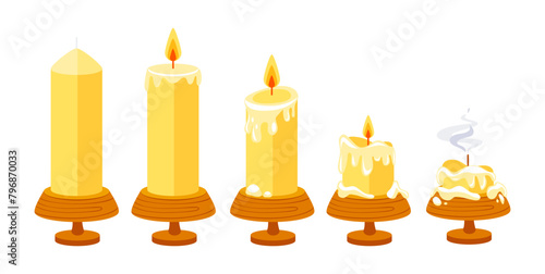 Burning candle. Wax candle collection in cartoon style. Aroma SPA candles. Beeswax, paraffin and soy