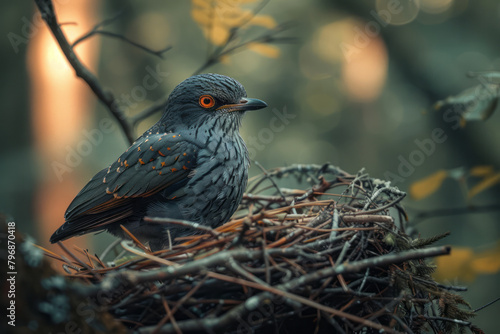 A cuckoo stealthily approaching another birdâ€™s nest, a sneaky intruder in the woods, photo