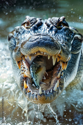 A crocodile snapping its jaws on a fish, water splashing around its massive head,