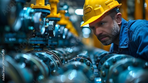 Worker inspects water pump valves in industrial estate for clean water distribution. Concept Water Pump Valve Inspection, Industrial Estate, Clean Water Distribution photo