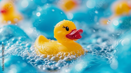 A closeup of a colorful rubber ducky floating in a vibrant blue bubble bath, symbolizing playful bath times