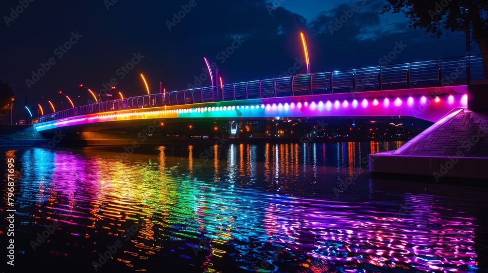 Obraz premium An illuminated bridge at night, with colorful lights reflected in the shimmering water below