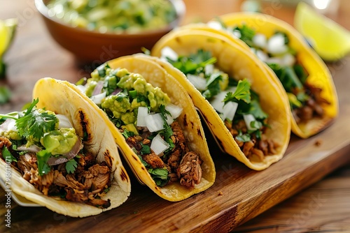 mexican fiesta authentic tacos with onions and cilantro served with fresh guacamole food photography photo