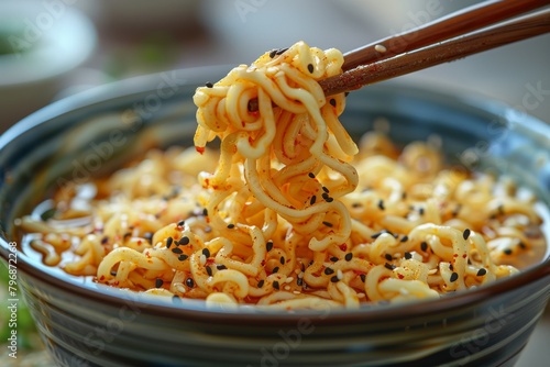 A mouthwatering image of a bowl of instant noodles sprinkled with sesame seeds and spicy seasoning photo