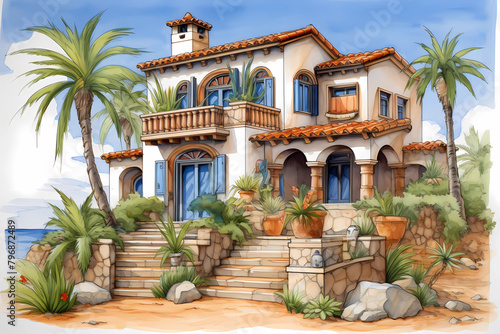 Mediterranean Style House (Cartoon Colored Pencil) - Originated in Spain and Italy in the early 20th century, characterized by stucco walls, red-tile roofs, and arched windows and doorways 