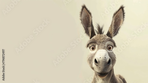 A cute donkey looking at the camera with a happy expression on its face. The donkey has big ears and soft fur.