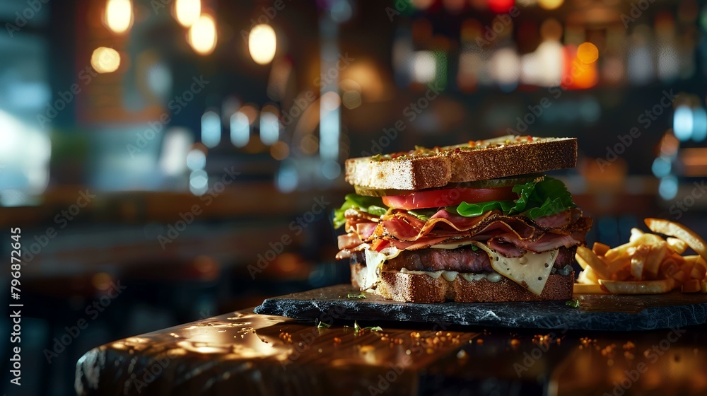 Sandwich with ham, cheese, tomato, and lettuce on a dark background Sandwich with ham, cheese, tomato, and lettuce on a dark background