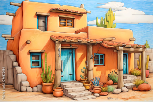 Pueblo Style House (Cartoon Colored Pencil) - Originated in the southwestern United States in the early 20th century, characterized by thick adobe walls, flat roofs, and a simple, functional design photo