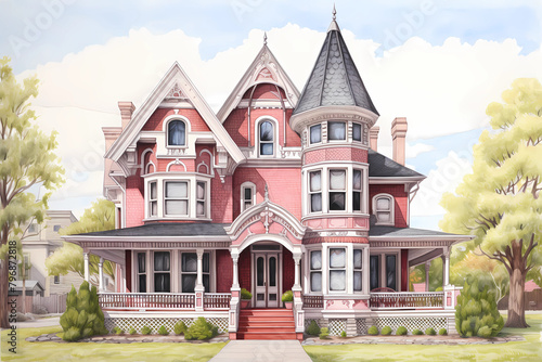 Queen Anne Revival Style House (Cartoon Colored Pencil) - Originated in the United States in the late 19th and early 20th century, characterized by a grand, ornate design with asymmetrical features photo