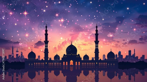 A silhouette of a mosque with stars in the sky, AI