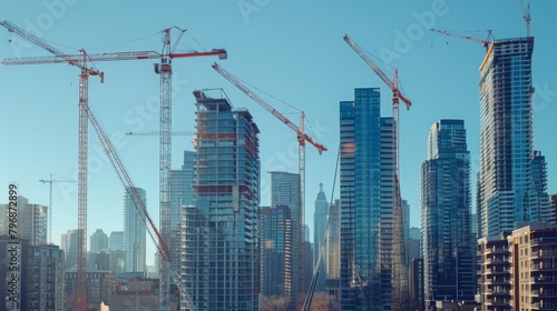 An urban skyline dotted with construction cranes, signaling the growth and expansion of a city through the development of new high-rise buildings.