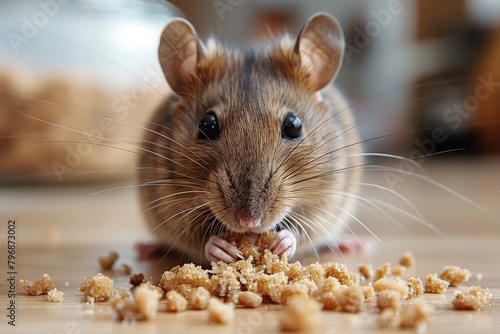 An adorable close-up shot of a small house mouse nibbling on food crumbs left on a domestic kitchen counter, depicting wildlife in human habitats