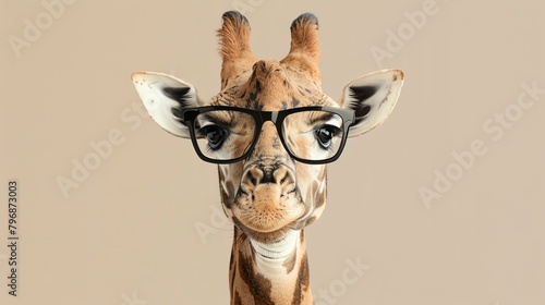Close-up of a giraffe wearing horn-rimmed glasses. The giraffe is looking at the camera with a curious expression.