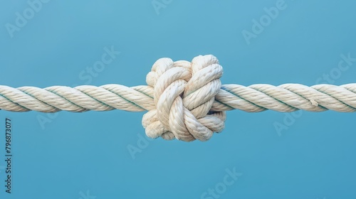 A detailed image showing a close-up of a large, sturdy white rope tied in a knot against a clear blue sky, symbolizing strength and connection.