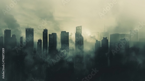 An urban skyline shrouded in fog, with the silhouette of high-rise buildings looming mysteriously in the mist, creating an atmospheric scene.