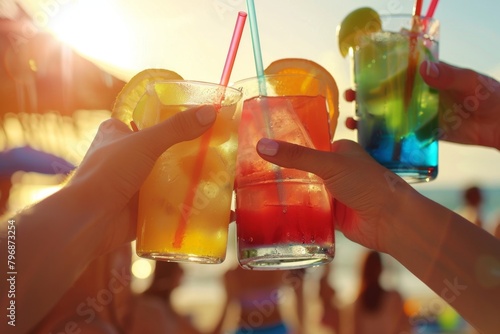 A group of friends toasting with colorful drinks at the beach, in a closeup shot with sunlight casting warm hues on their faces and glasses Generative AI