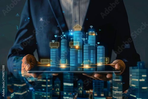 passive income pipeline businessman holding tablet with virtual reit icons real estate investment trust for continuous revenue generation 3d illustration