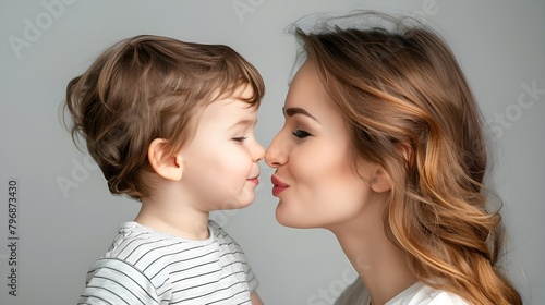 Portrait of young mother and son against white background, Portrait of a teenage boy and his mother Ai generated 