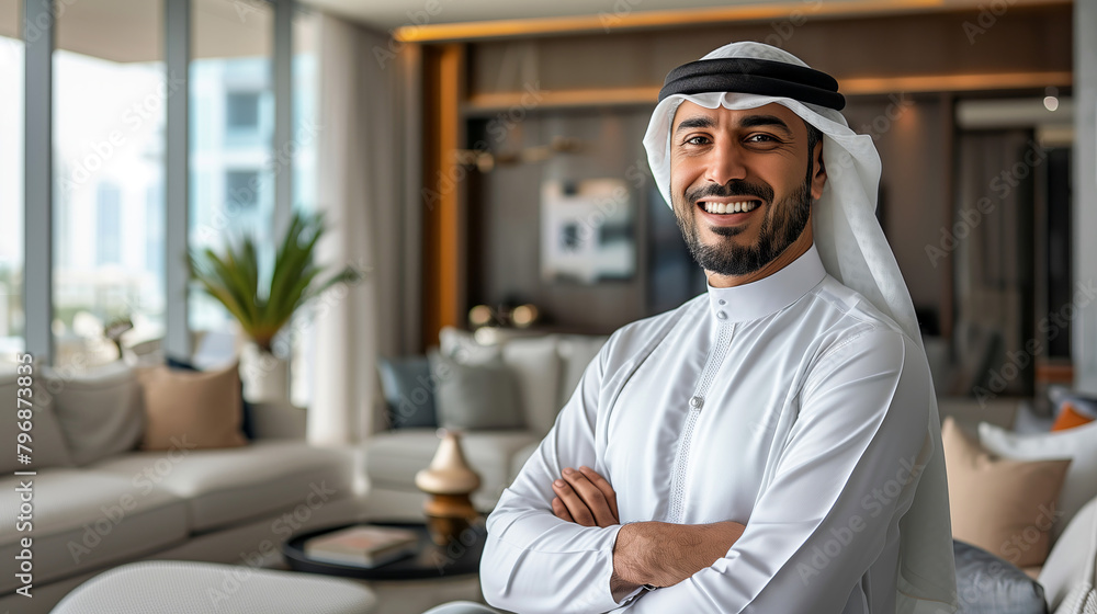 Obraz premium Confident Emirati Man in Traditional Attire Inside Sophisticated Apartment