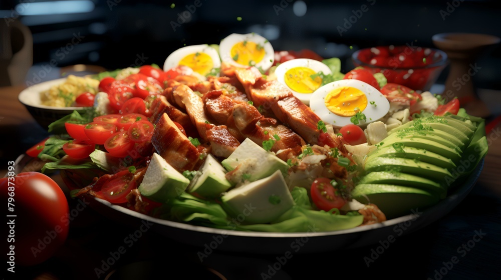 Salad with avocado, bacon, eggs, and cherry tomatoes on a wooden table