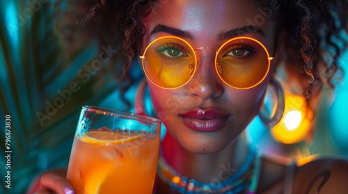 Close-up portrait of a young woman adorned with golden round glasses, reflecting the young woman's intense gaze. Lit warmly to highlight her freckled skin, creating a vivid and memorable impression.