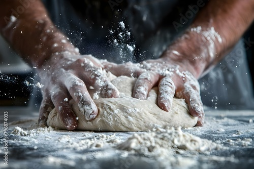 Hands kneading pizza dough up close on a floured surface. Concept Cooking, Baking, Homemade, Food preparation, Dough-making