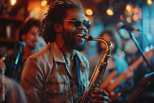 An energetic musician passionately playing the saxophone in a vibrant club setting, exuding the essence of live music