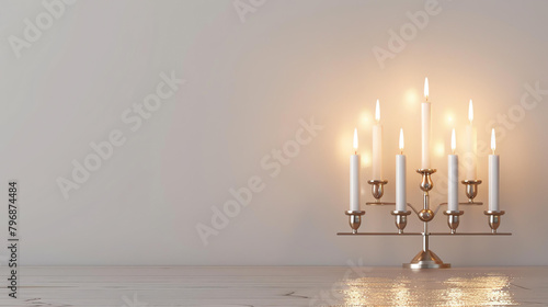 A beautiful image of a menorah with 9 candles burning brightly against a soft, neutral background. photo