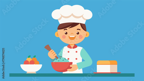 A boy in a chefs hat excitedly mixing ingredients for his first ever batch of cupcakes on Young Chefs Day.