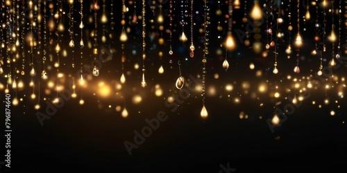 close-up of golden sparkles  reflecting a dazzling array of colorful lights on a black background.