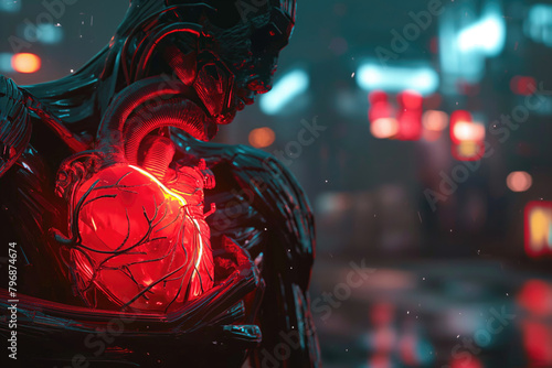 A translucent body sits hugging a red neon heart