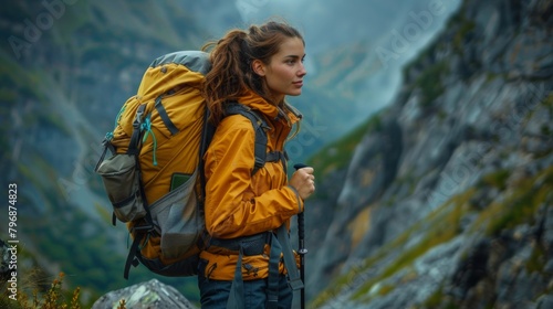 Girl with a backpack gazes into the distance during a mountain hike, embodying adventure and exploration