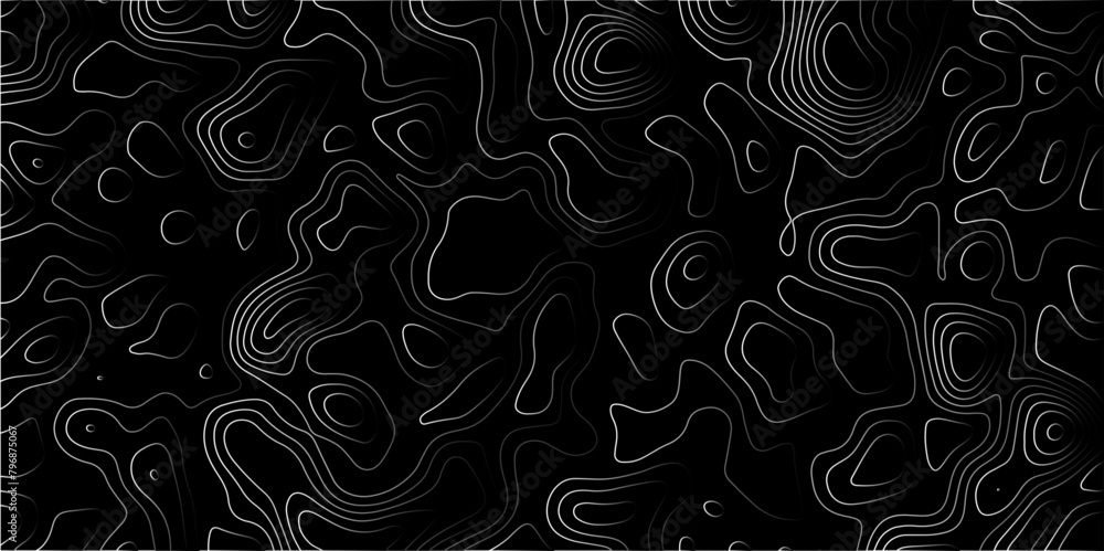 Fototapeta premium Contour map wavy background. Abstract Geographic Gradient line mountain on Black background. Geography scheme and terrain. Topography grid map. Stylized topographic contour map backdrop.