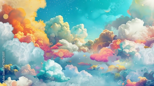 A whimsical childrens book cover adorned with a colorful collage of cumulus stratus and lenticular clouds.. photo