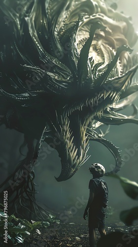 A boy standing in front of a giant monster
