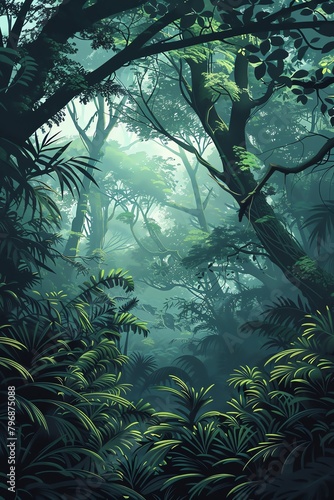 A dense jungle with tall trees and a variety of plants and ferns. The light is shining through the trees creating a dappled pattern on the ground.