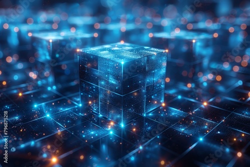 This image presents a glowing blue cube surrounded by an expansive network of illuminated points representing a digital world and connectivity