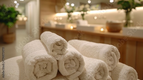 Spa ambiance with rolled towels and warm lighting