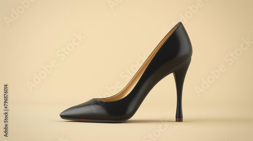 Black leather high heel stiletto shoe on beige background. photo
