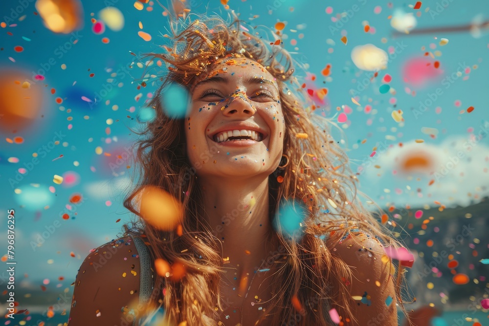 A vibrant image of a joyful woman with glittering gold in her hair, laughing amidst a shower of colorful confetti A vibrant image of a joyful woman with glittering gold in her hair, laughing amidst a shower of colorful confetti
