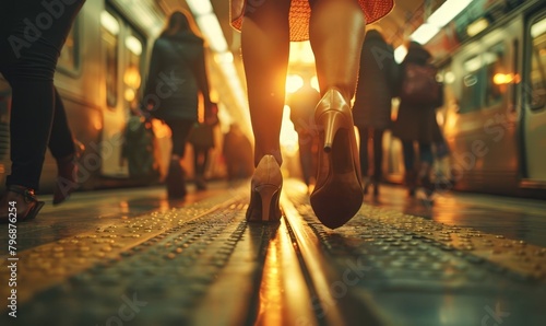 Commuter legs walking next to a suburban train  people taking public transportation between home and work  Generative AI